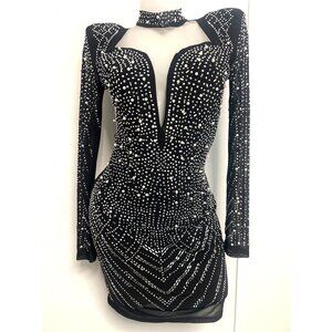 Black Bodycon Dress Rhinestone Prom Women Mini Dress Long Sleeve Party Size M